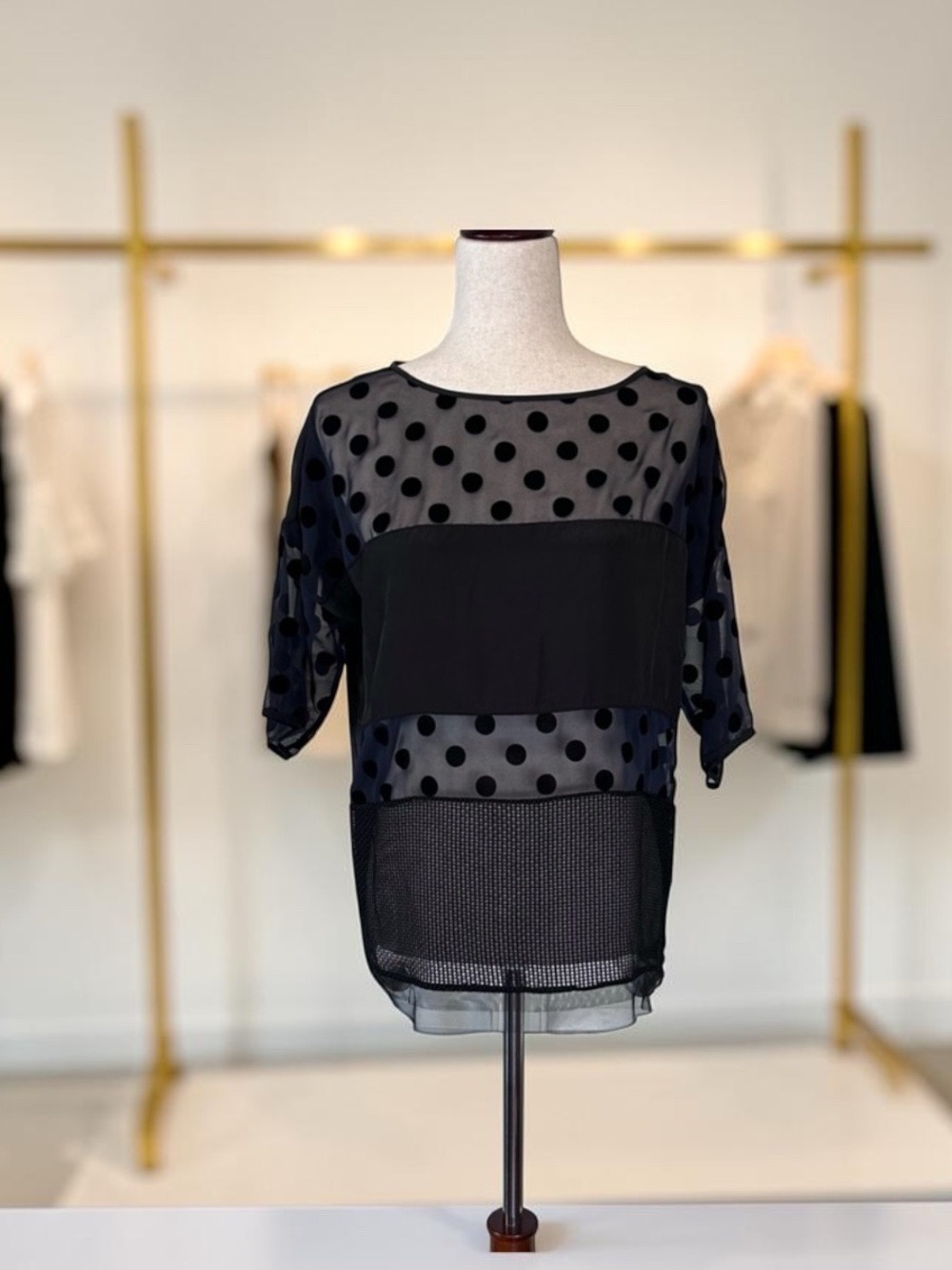 Black Polka Dot Sheer Panel Women’s Top